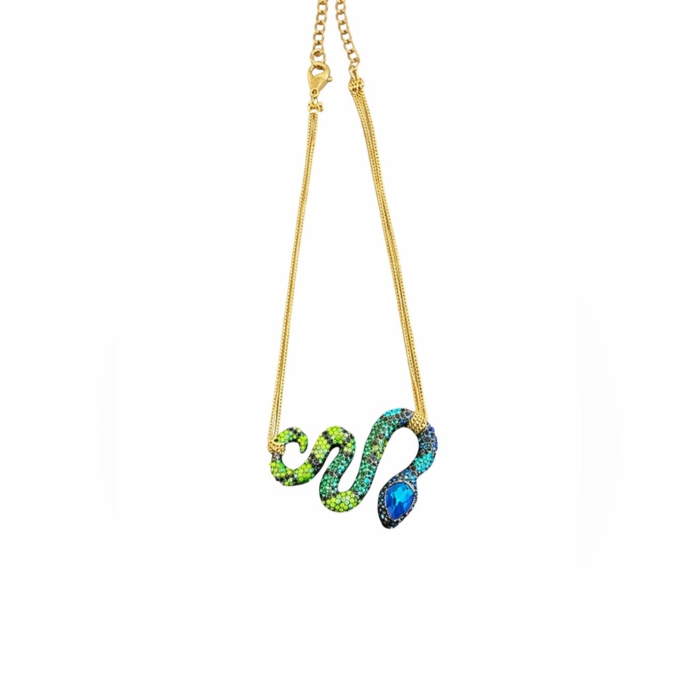 Snake Pendant Necklace Green Blue Rhinestone Gold Tone Chain
